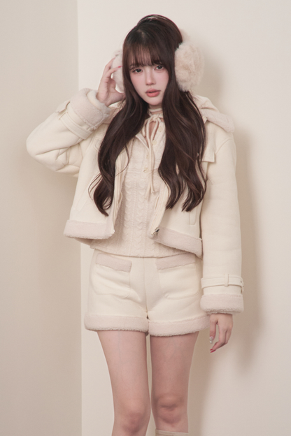 ファーショートコート+ショートパンツ