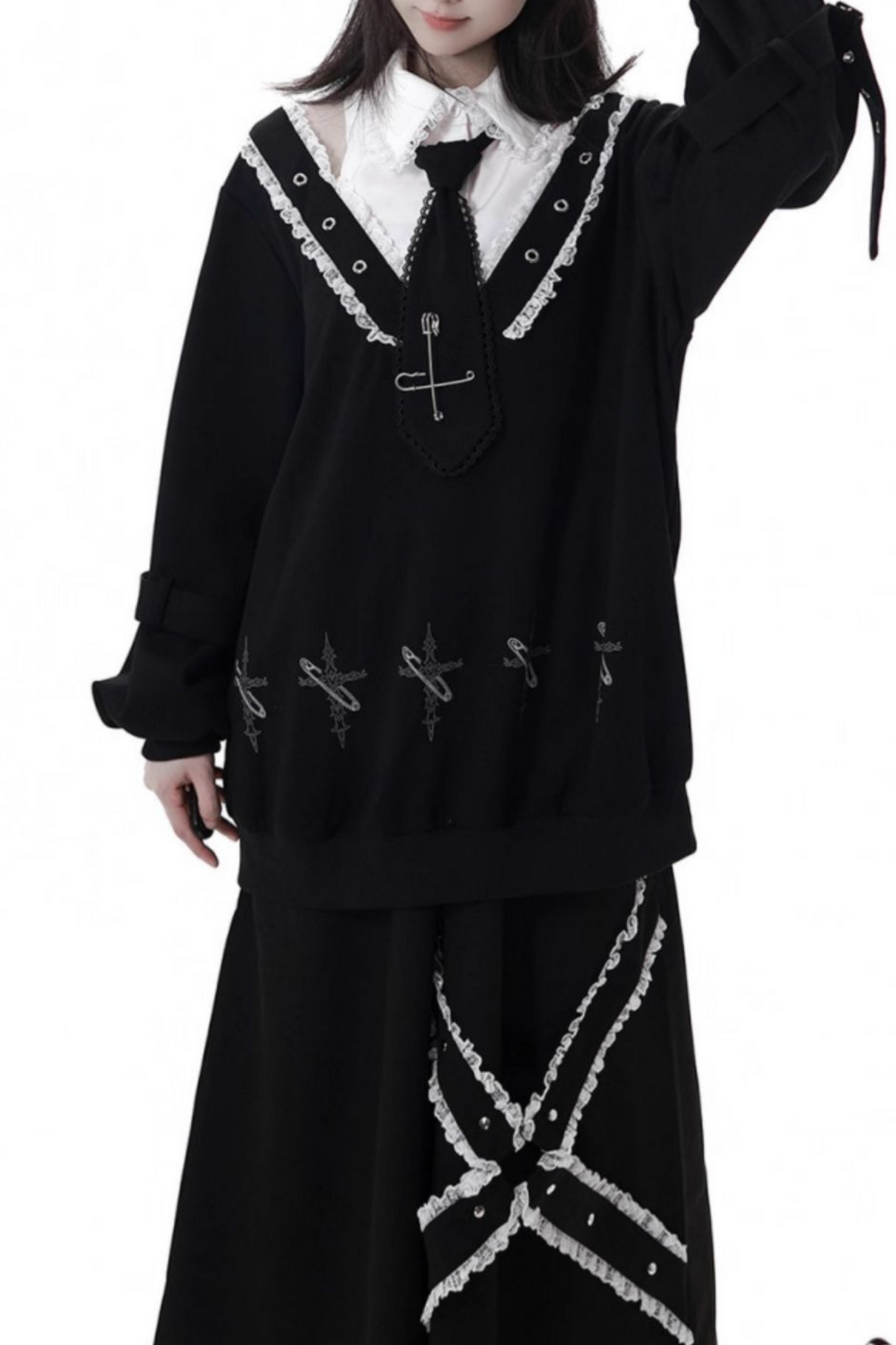 ビッグスイングシャツデザイントップス+フードワンピース+ロングキュロット