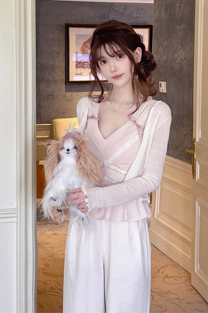 スイートショルダーリボンノースリーブトップス＋レースワイドパンツ