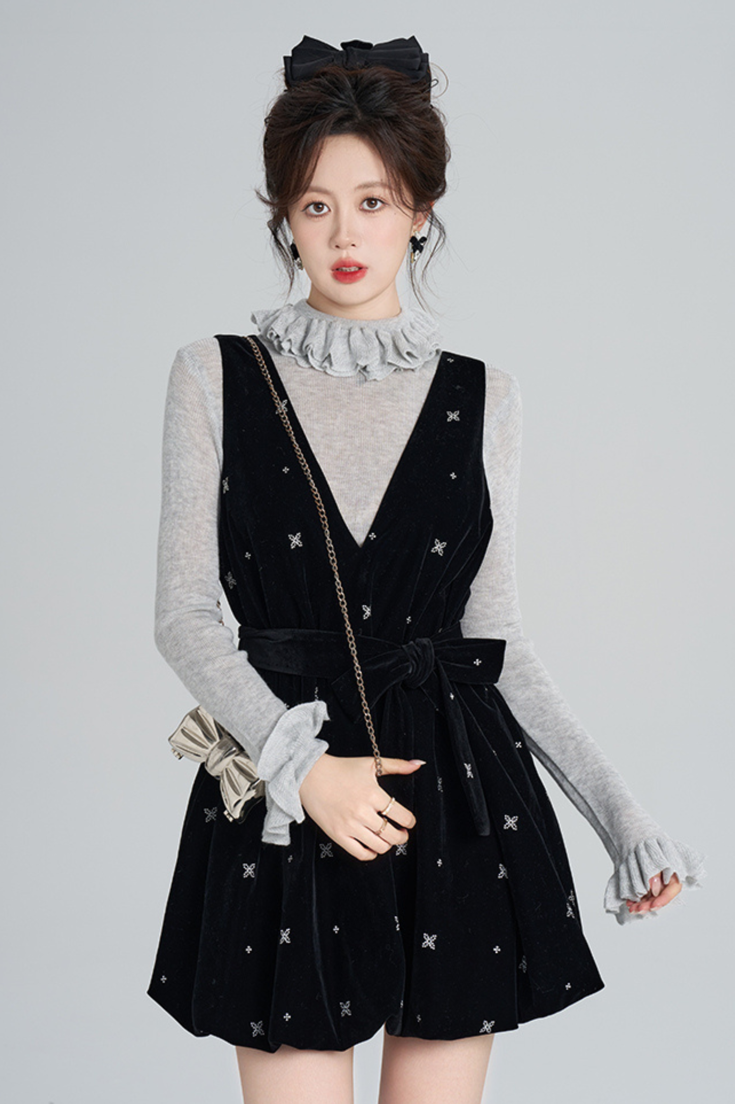 フレンチブラックベルベットリボンバルーンドレス