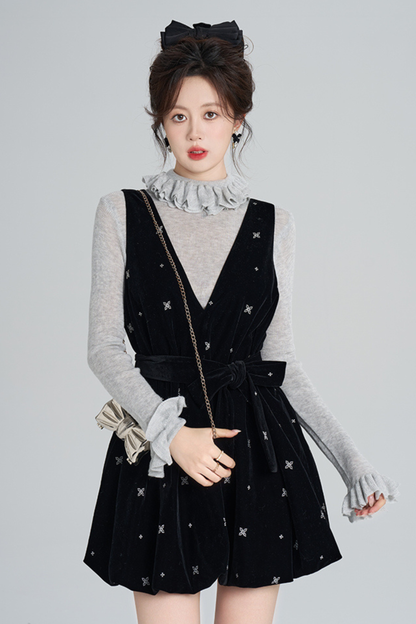 フレンチブラックベルベットリボンバルーンドレス