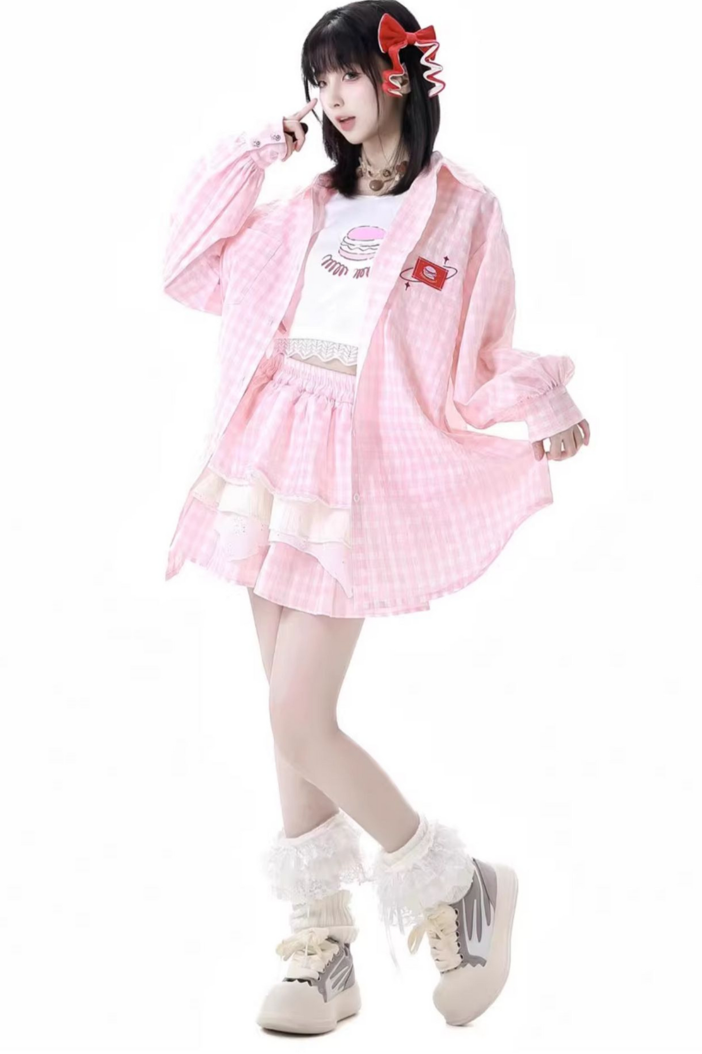 オーバーシャツ＋ノースリーブトップス＋ケーキスカート