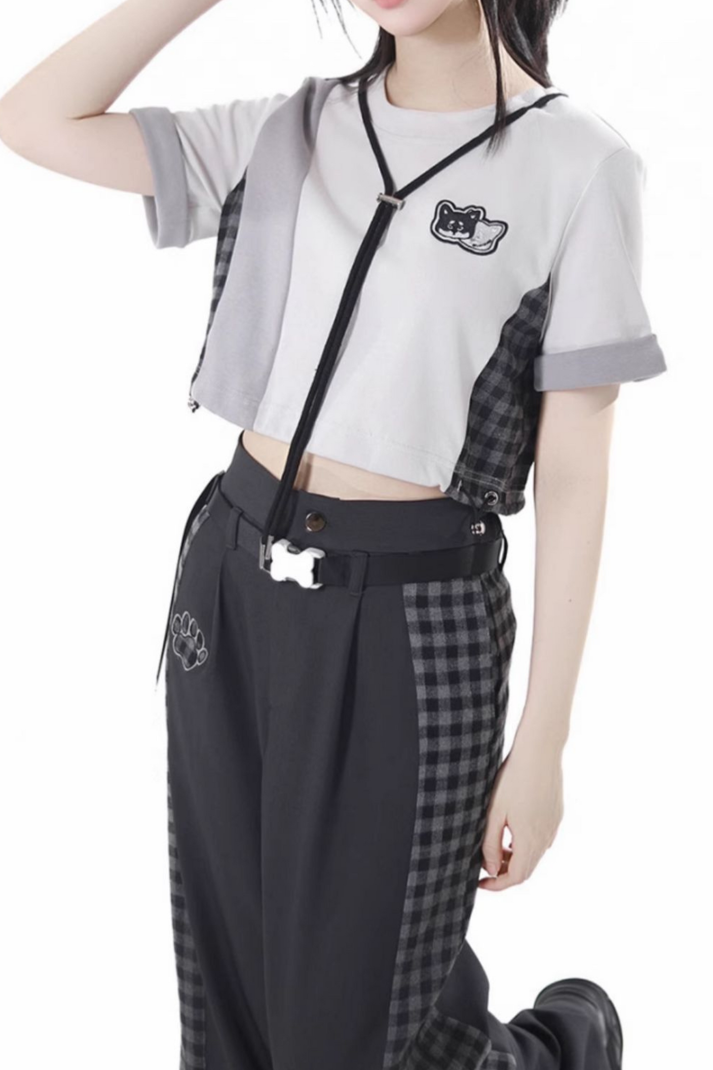 チェックショートトップス+チェックパンツ+フードトップス