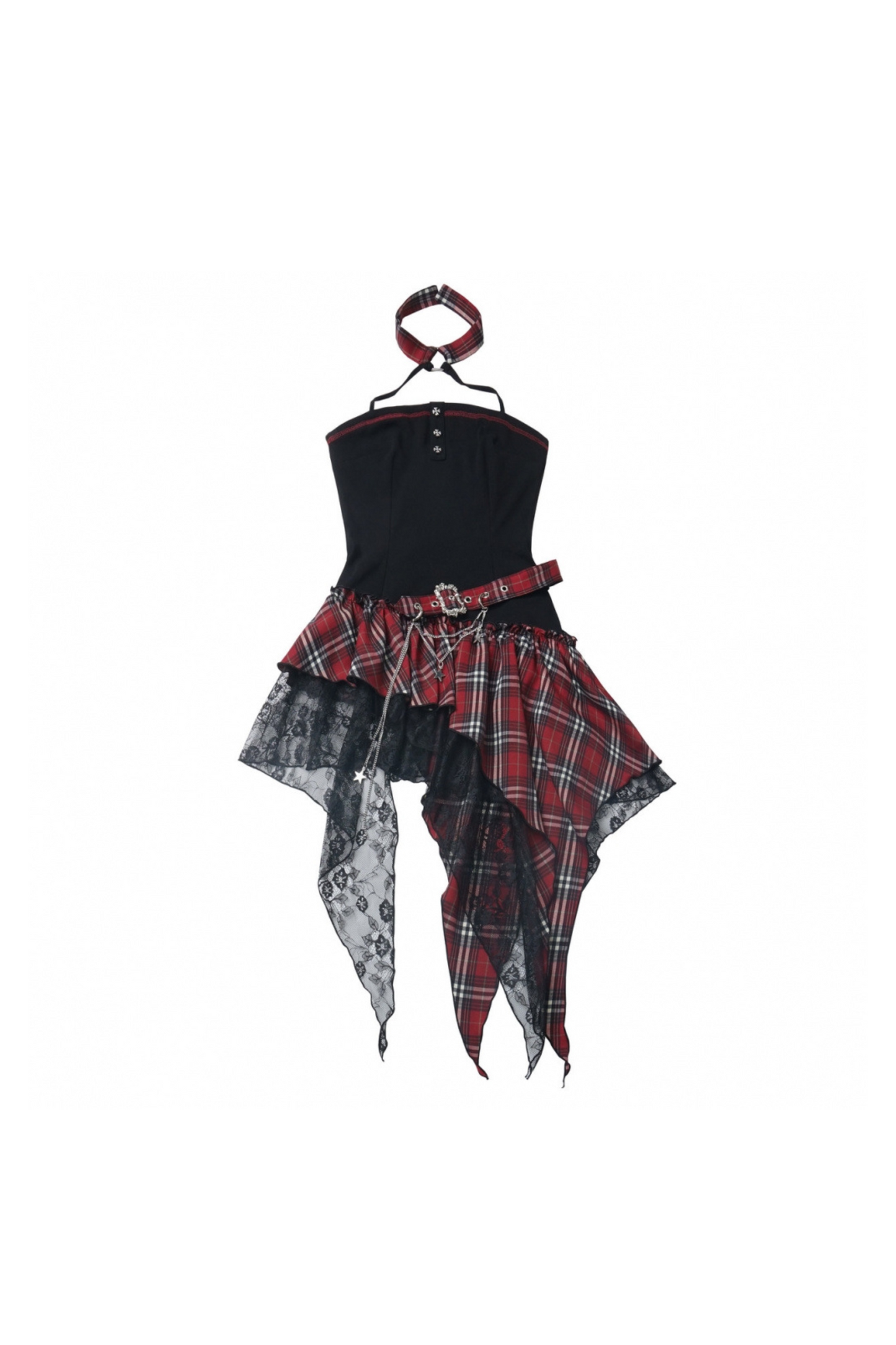 ロックシックチェックドレス＋ワンショルダーショートトップス＋ショートパンツ