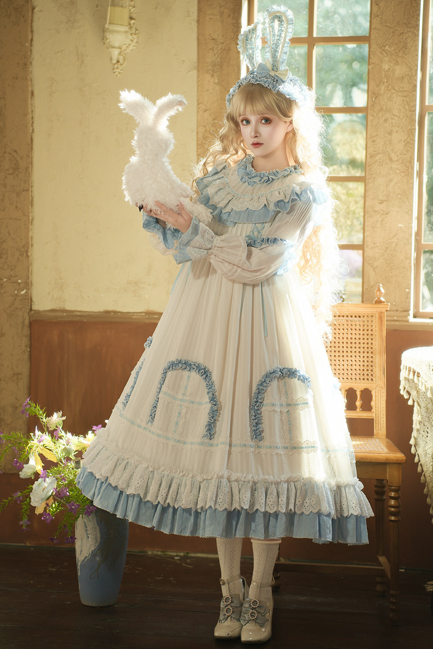 ラビットツインブルーロリータドレス+ラビットヘアバンド
