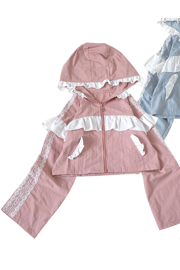 Subculture sweet ruffle hooded top + skirt