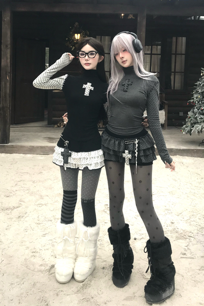 クロスドットタートルネックトップス+スカート+ペンダント