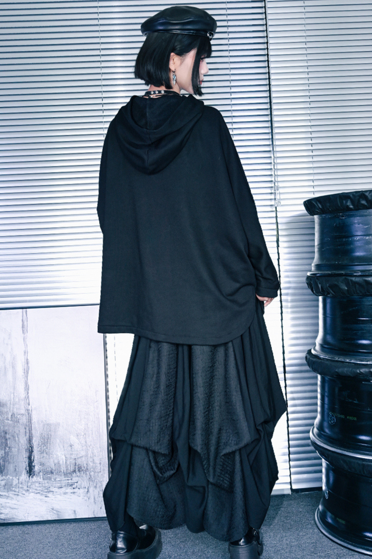 Draped Bat Sleeve Printed Hooded Hoodie