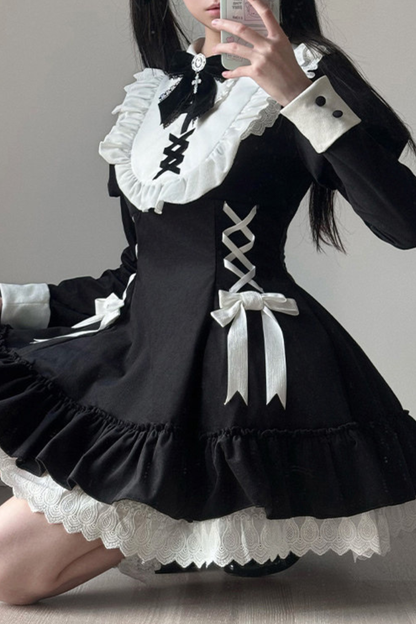 Lace-up ribbon Lolita dress + brooch + hair clip
