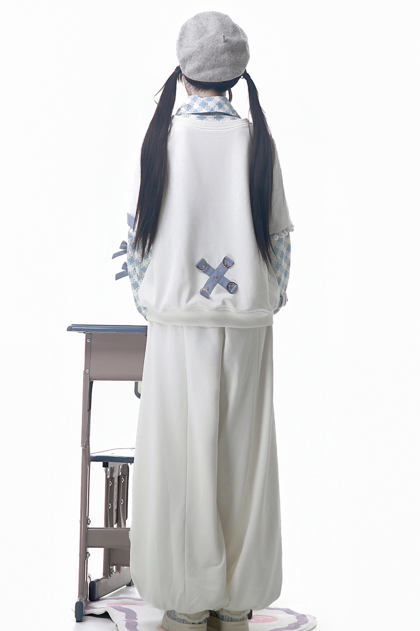 デジタルチェックトップス+ワイドパンツ+ベルト+ネクタイ