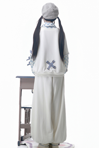 デジタルチェックトップス+ワイドパンツ+ベルト+ネクタイ