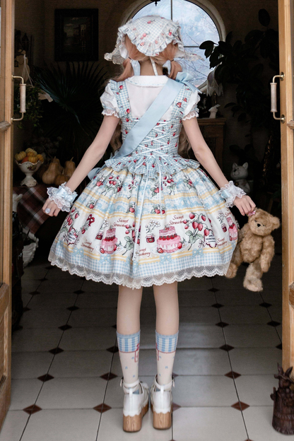 [Vorbestellung bis 14. März] Castle-Strawberry-Süß-Lolita-Hosenträgerrock + Oberteil + Unterhemd + Stirnband + Band
