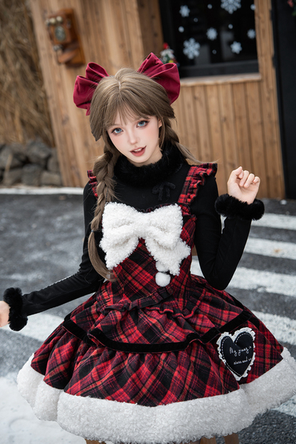 チェックドールジャンパースカート+リボンブローチ+ピン+ラブブローチ+ショール+トップス+レッグカバー