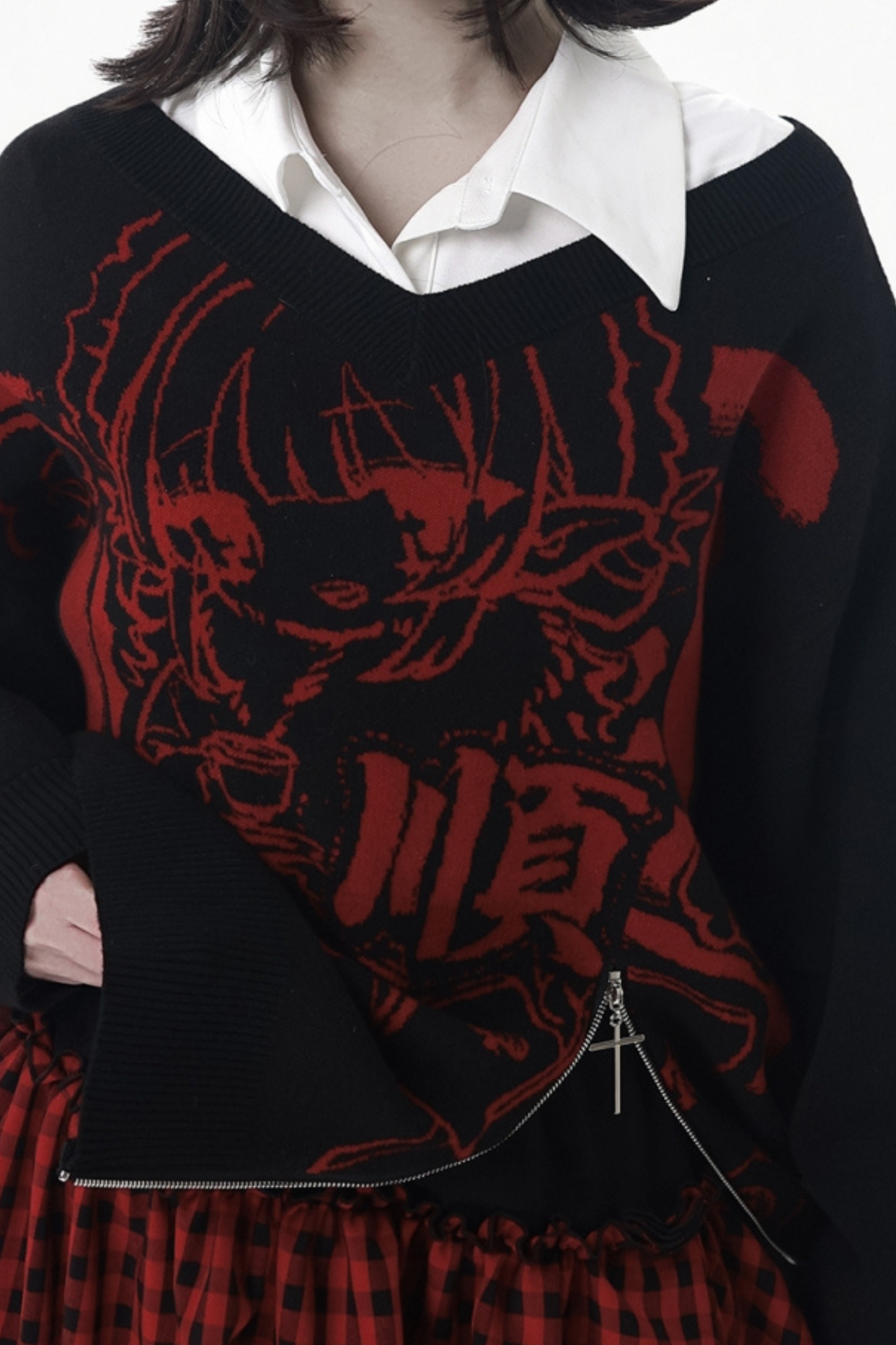 モードVネックニット+キュロット+スカート+レッグカバー+スカーフ