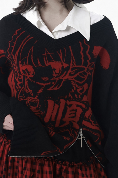 モードVネックニット+キュロット+スカート+レッグカバー+スカーフ