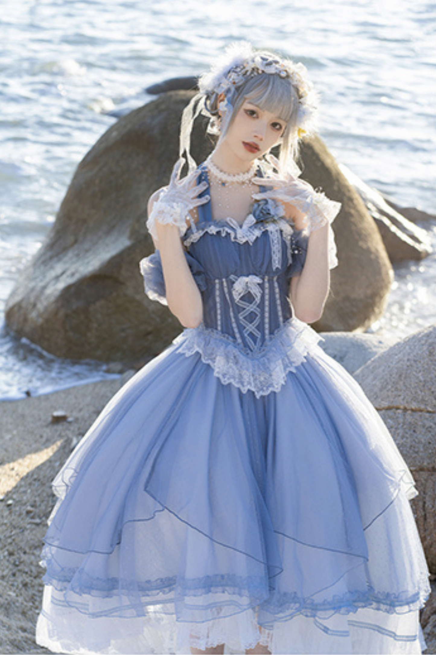 [Reservation Deadline: March 18] Gradient Blue Elegant Split Bustier Dress Setup + Accessories