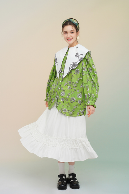 グリーンローズフレンチヴィンテージプリントシャツ