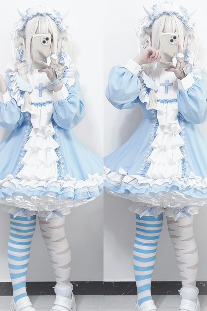 【Angelic Aesthetic👼】Stand Collar Cross Angel Tiered Ribbon Dress