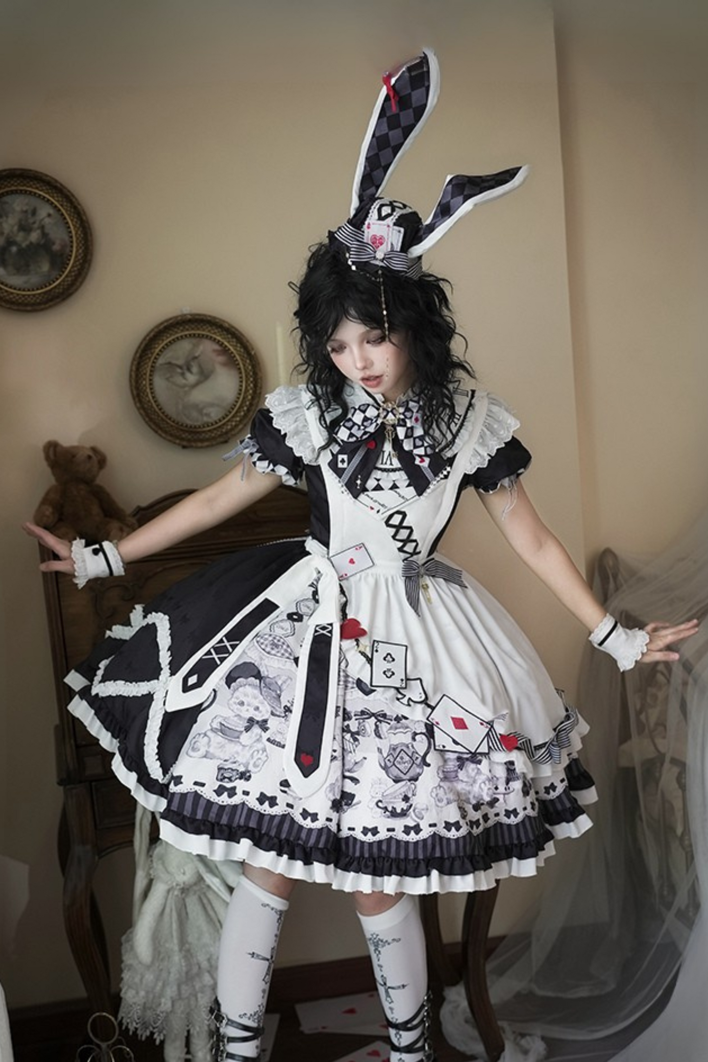 【数量限定】アリスティーパーティーアシメエプロンドレス＋うさ耳ハットドレスフルセット