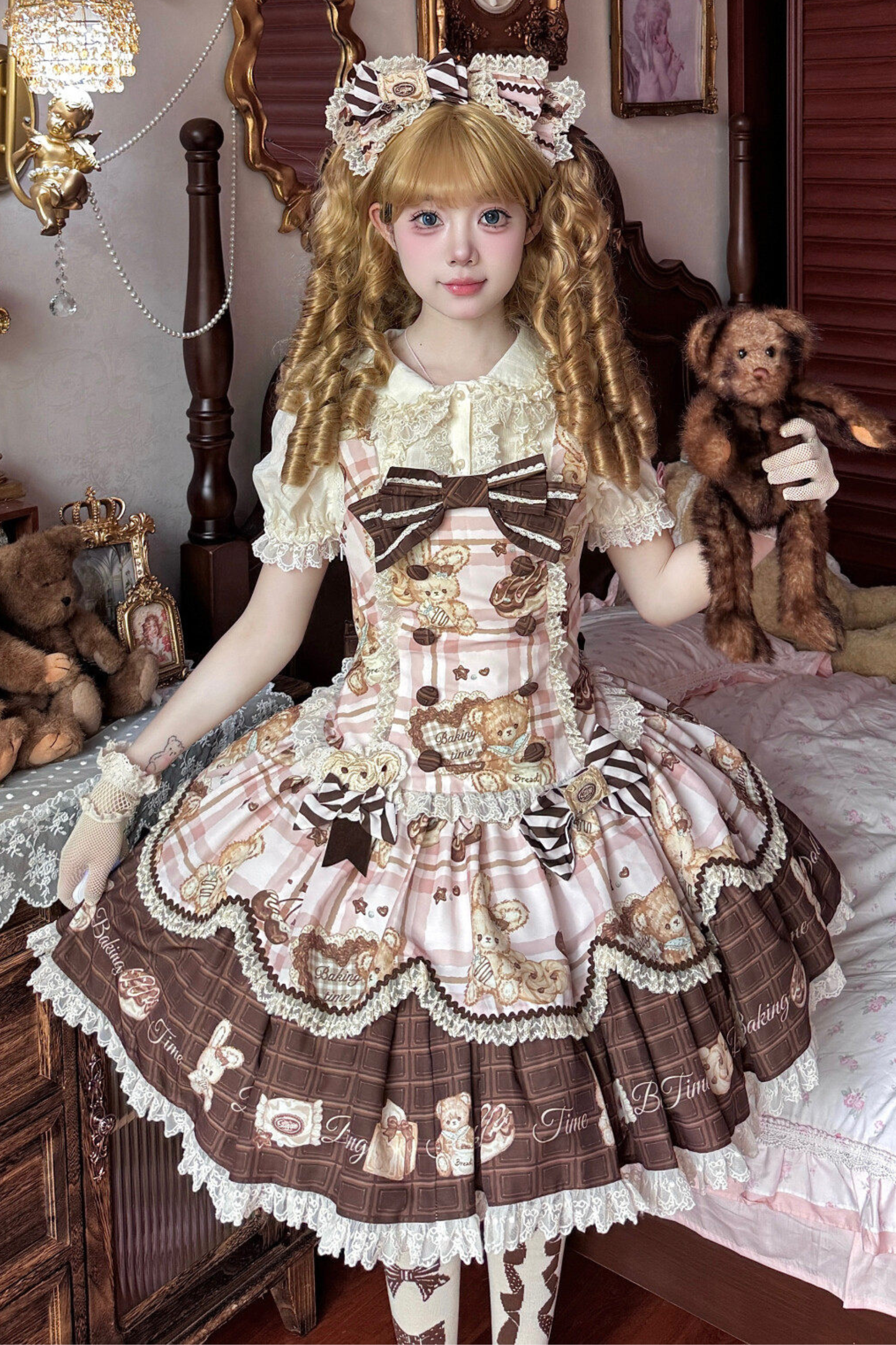 ベアティーパーティーロリータドレス+ジャンパースカート+シャツ+カチューシャ+ブローチ+エプロン