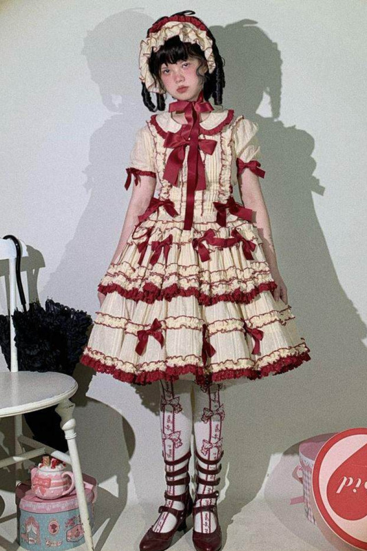 ピュアガールリボンロリータスカート+インナー+ベスト+ヘアバンド+スリーブ