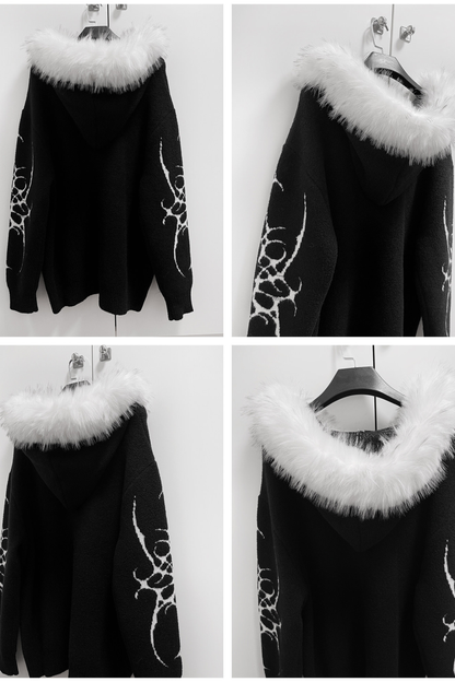 ゴシックファーフードルーズジップカーディガン