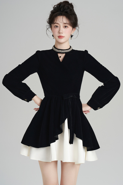 フレンチブラックベルベットラフルドレス