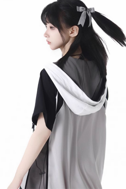 モードカジュアルレイヤードベスト+Tシャツ+ワイドパンツ+ワンピース