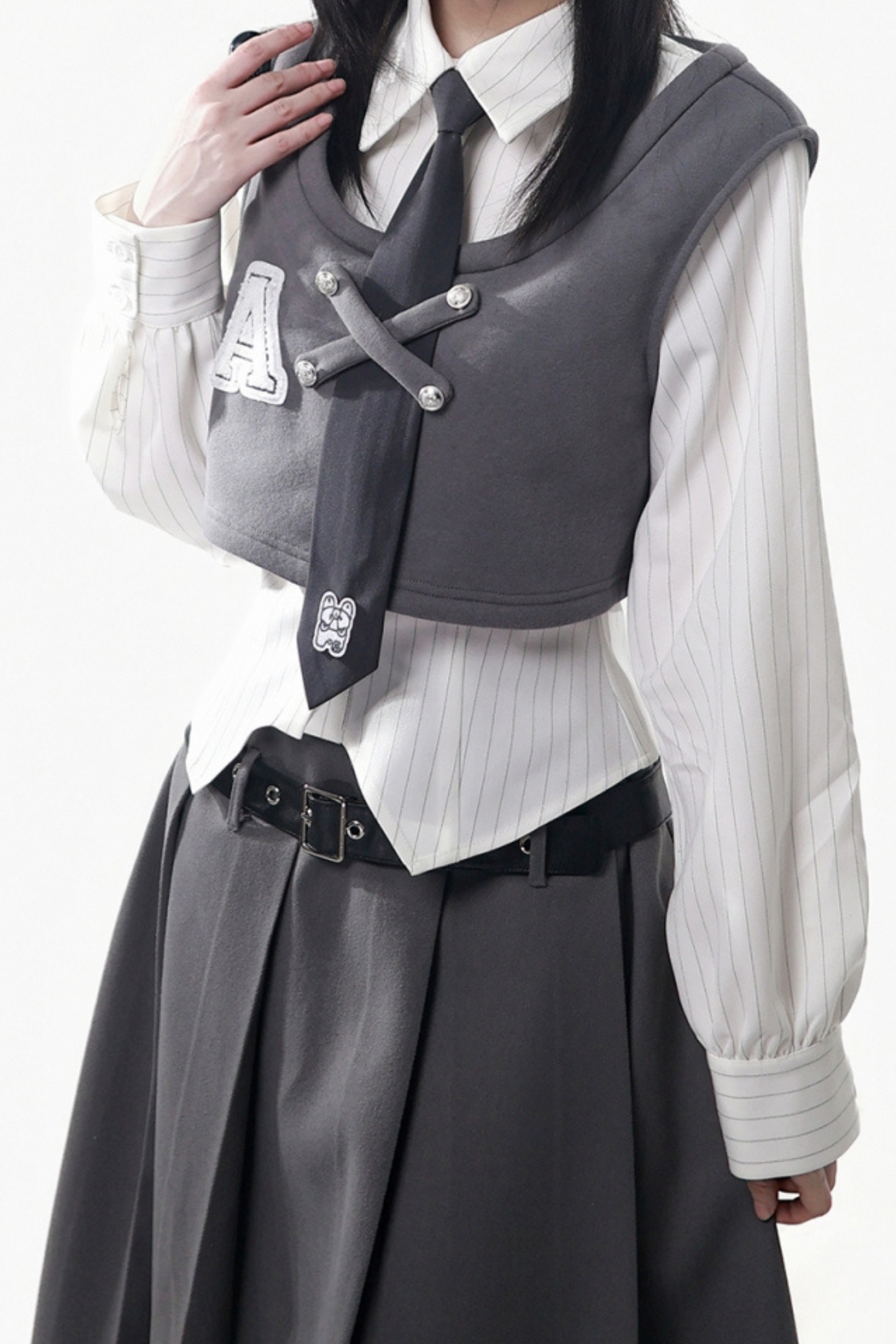 ストライプコート+シャツ+ベスト+ロングスカート