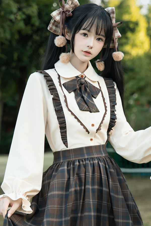 Retro girly check skirt + ruffle blouse