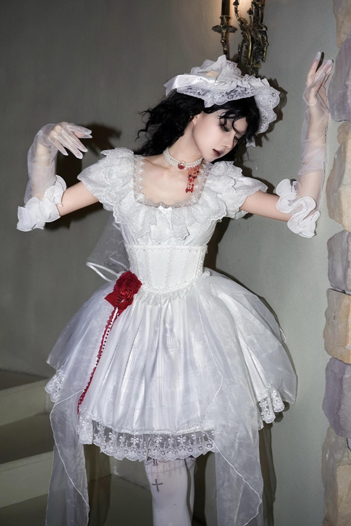 ゴシックツインズロリータドレス＋ハンドスリーブ＋ネックレス＋ヘッドバンド＋ベール＋コルセット＋取り外し可能カーテン＋コサージュ
