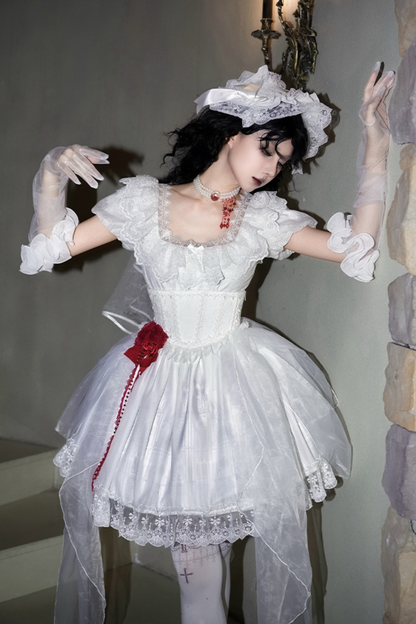 ゴシックツインズロリータドレス＋ハンドスリーブ＋ネックレス＋ヘッドバンド＋ベール＋コルセット＋取り外し可能カーテン＋コサージュ