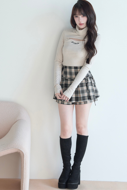 High Neck Knit Top + Check Skirt