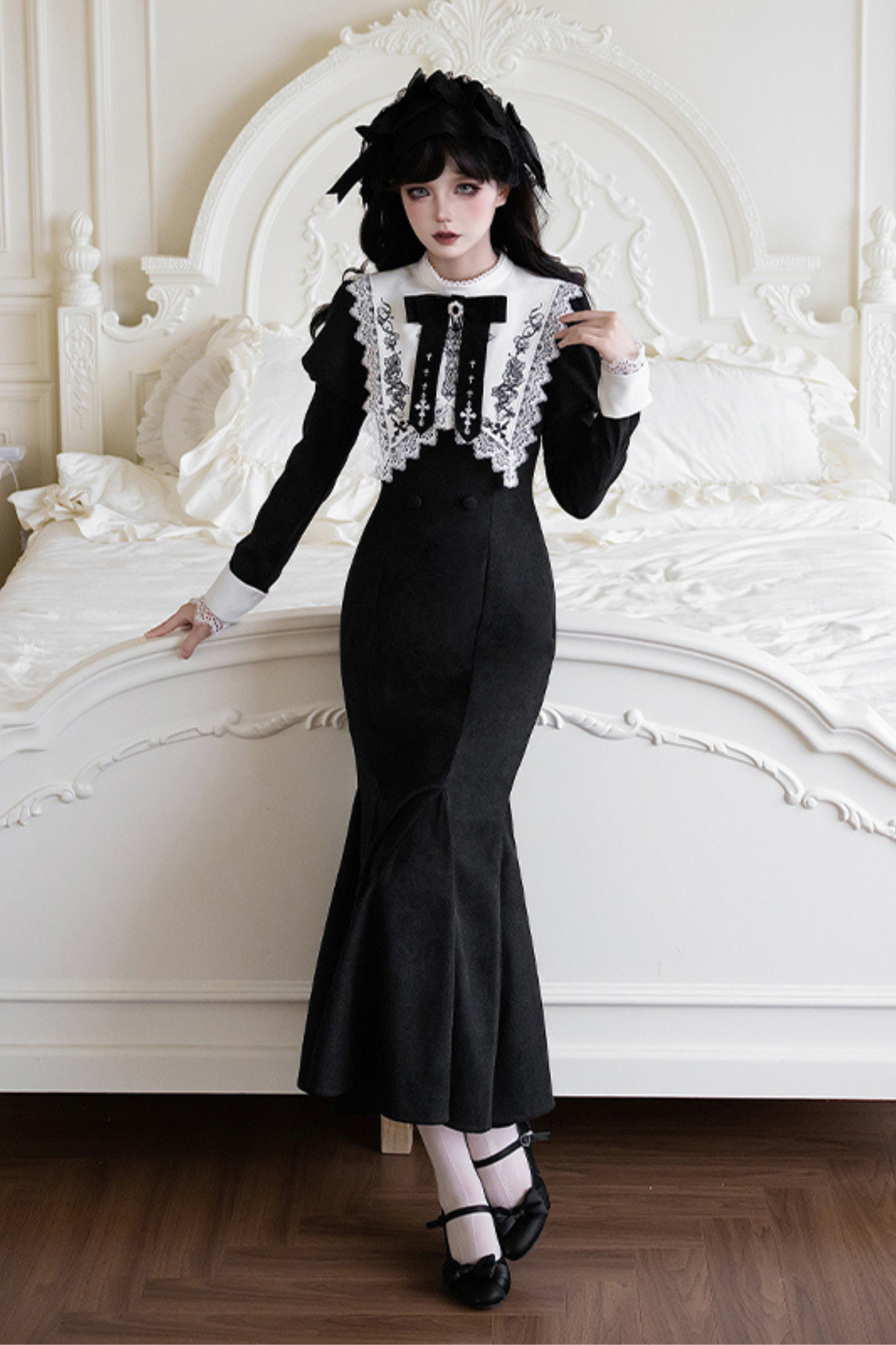 シックマーメイドドレス+レースアップショートドレス+マントコート+カラー+リボンブローチ