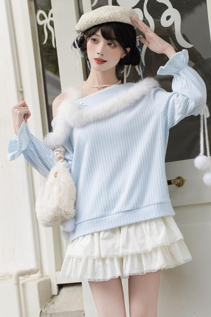 スイートブルーオフショルダーニットトップス