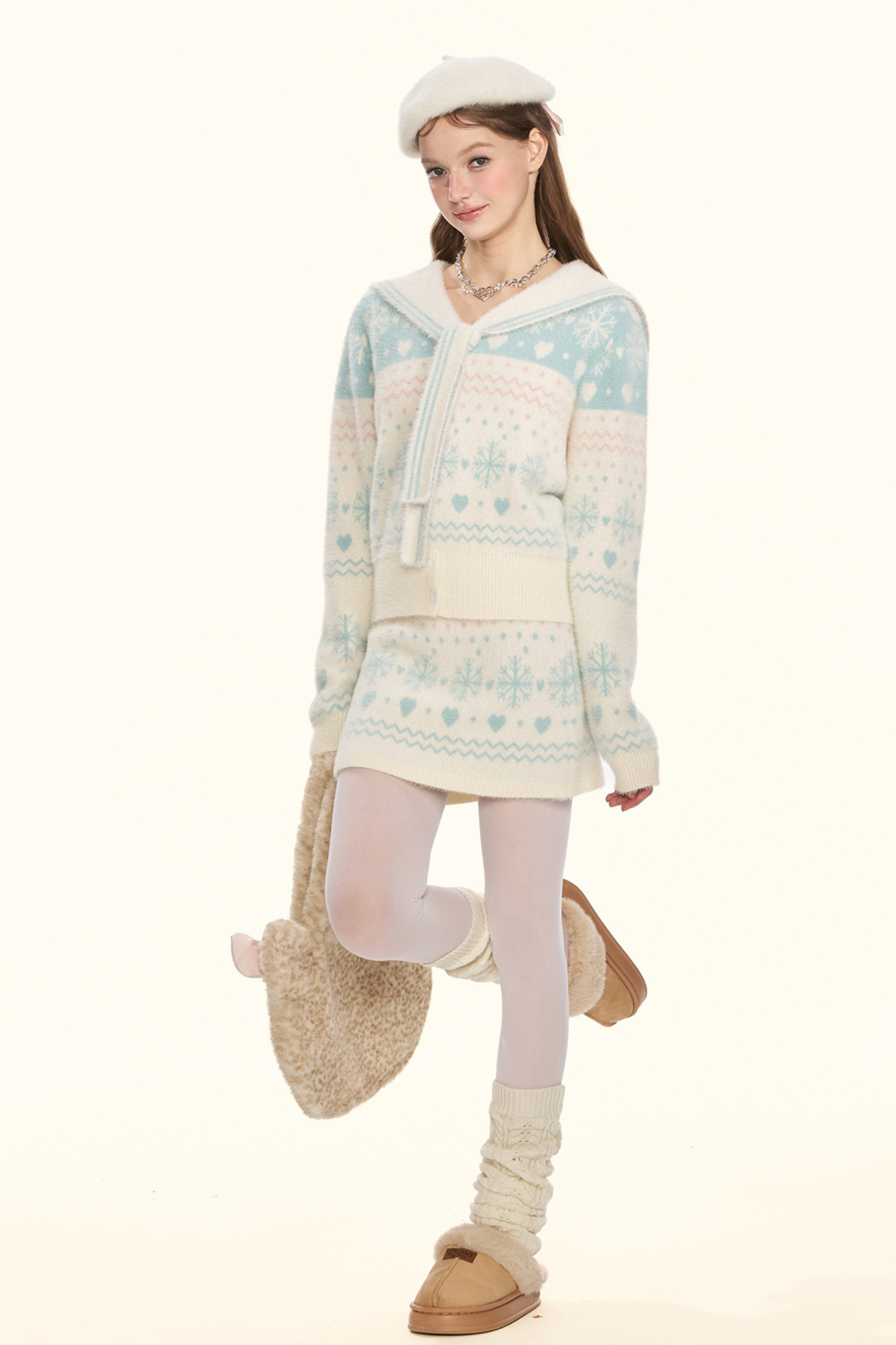 Snowflake sailor collar knit + tight skirt