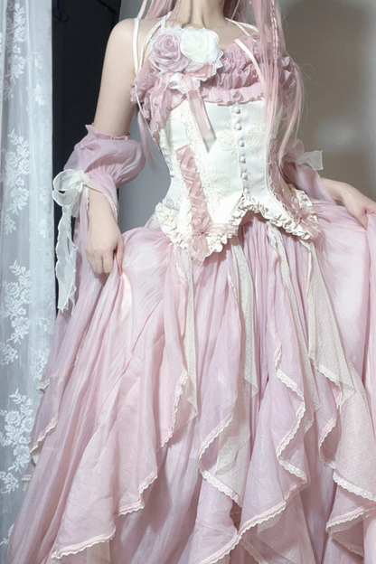 Blue Pink Fishbone Corset Wedding Dress