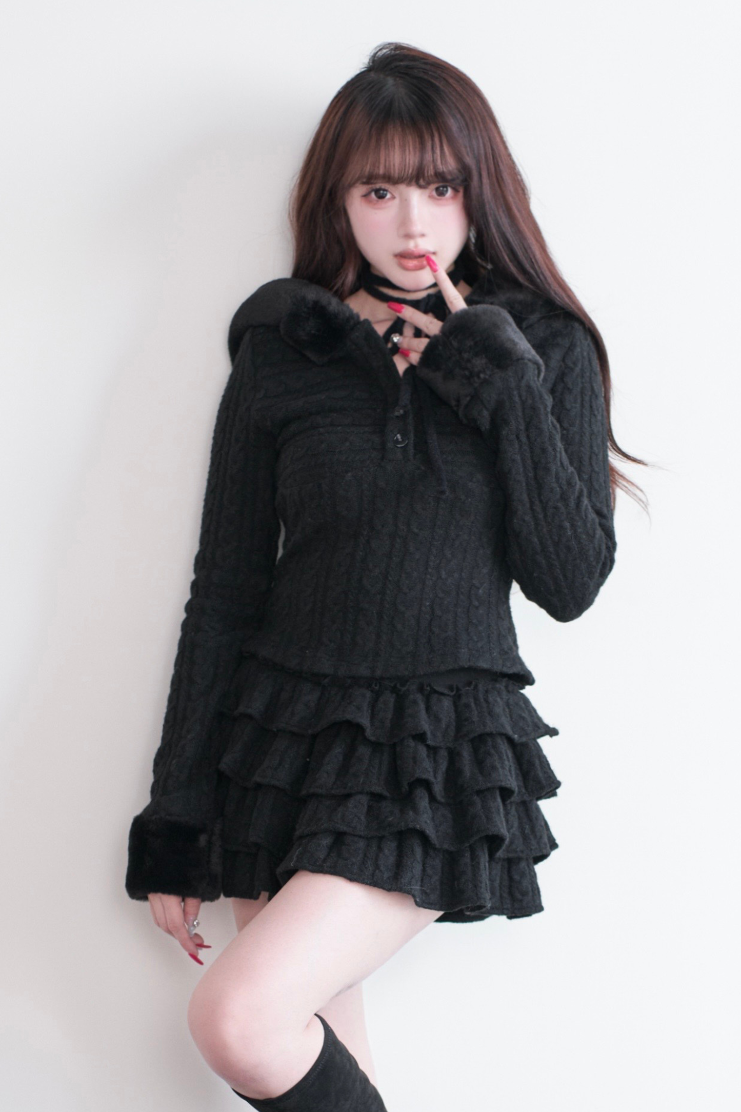 ケーブルニットトップス+ティアードスカート