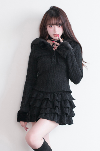 ケーブルニットトップス+ティアードスカート