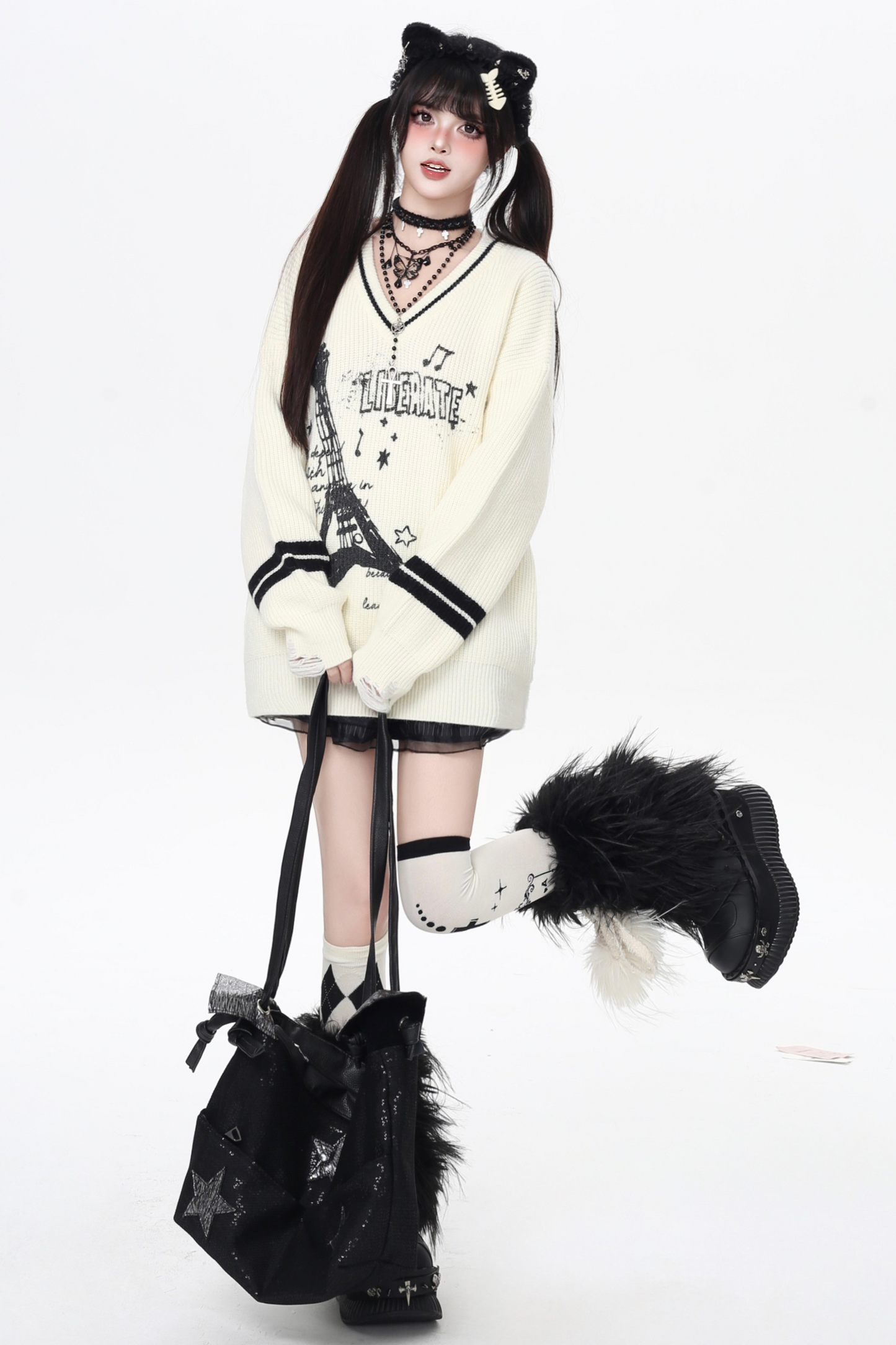 クールロックスタイルギターVネックルーズロングスリーブニット