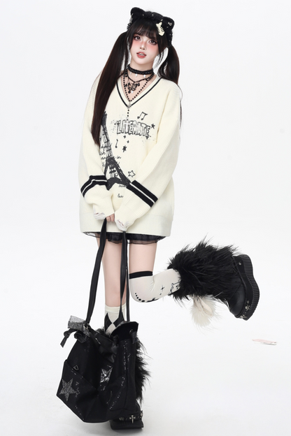 クールロックスタイルギターVネックルーズロングスリーブニット