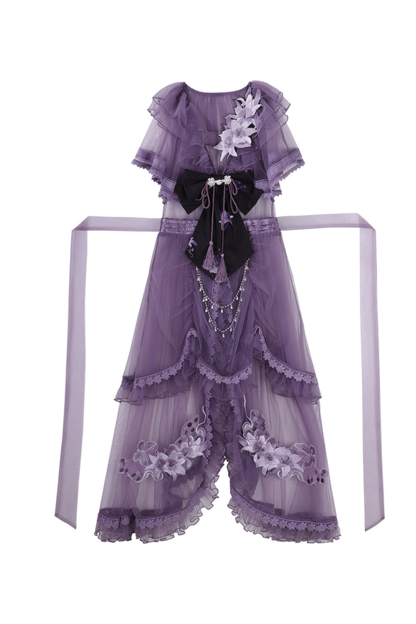 チャイナパープルフローラルドレス+アウタードレス+ロングスカート