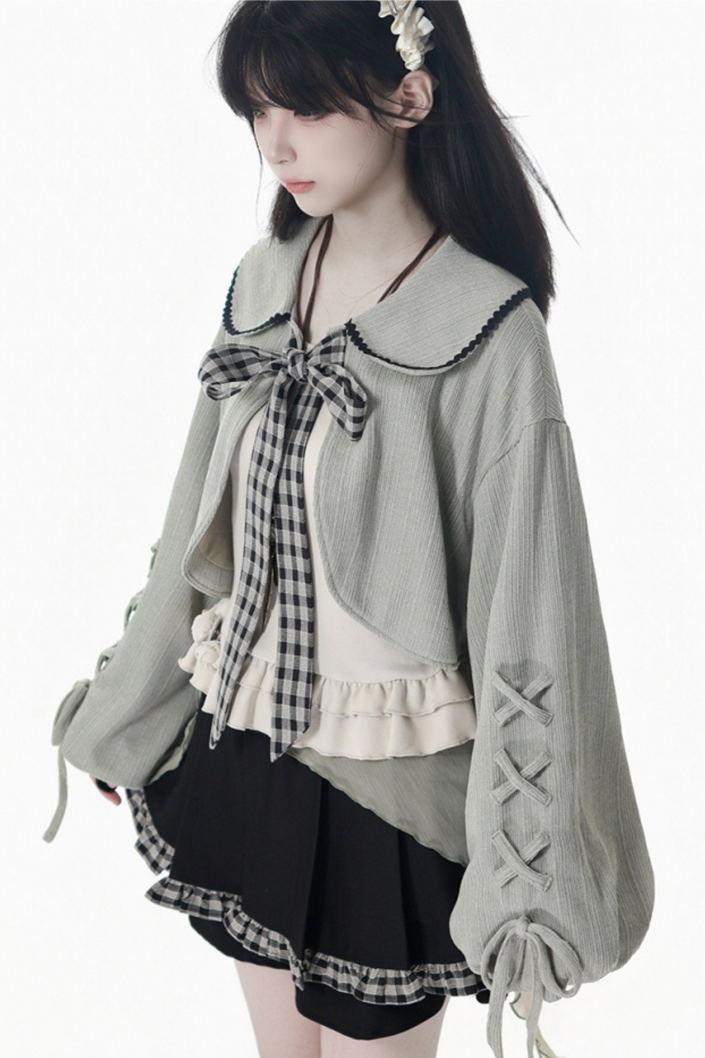 Check Ribbon Camisole Two Piece Jacket + Cape Coat + Skirt
