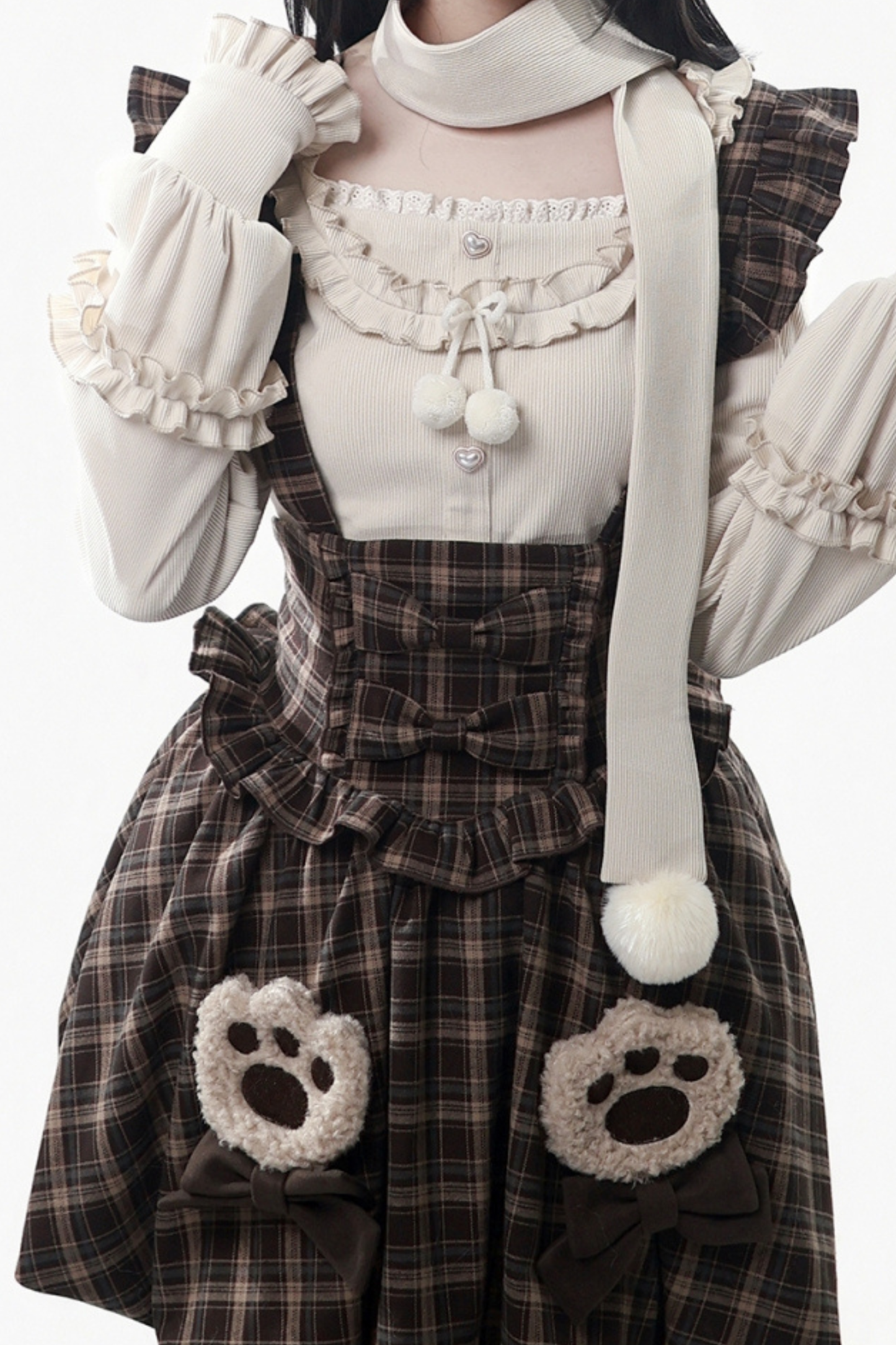 ベルベットベアフードケープ+トップス+サスペンダースカート+レッグカバー