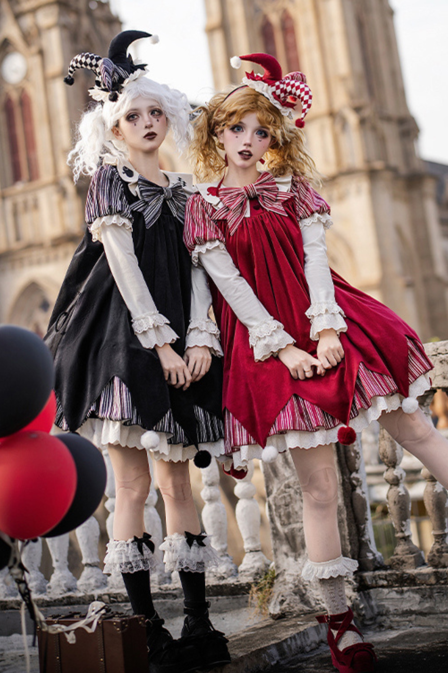 ドールサーカスピエロロリータドレス+カチューシャ+ベルト+リボン+カチューシャ+バッフル