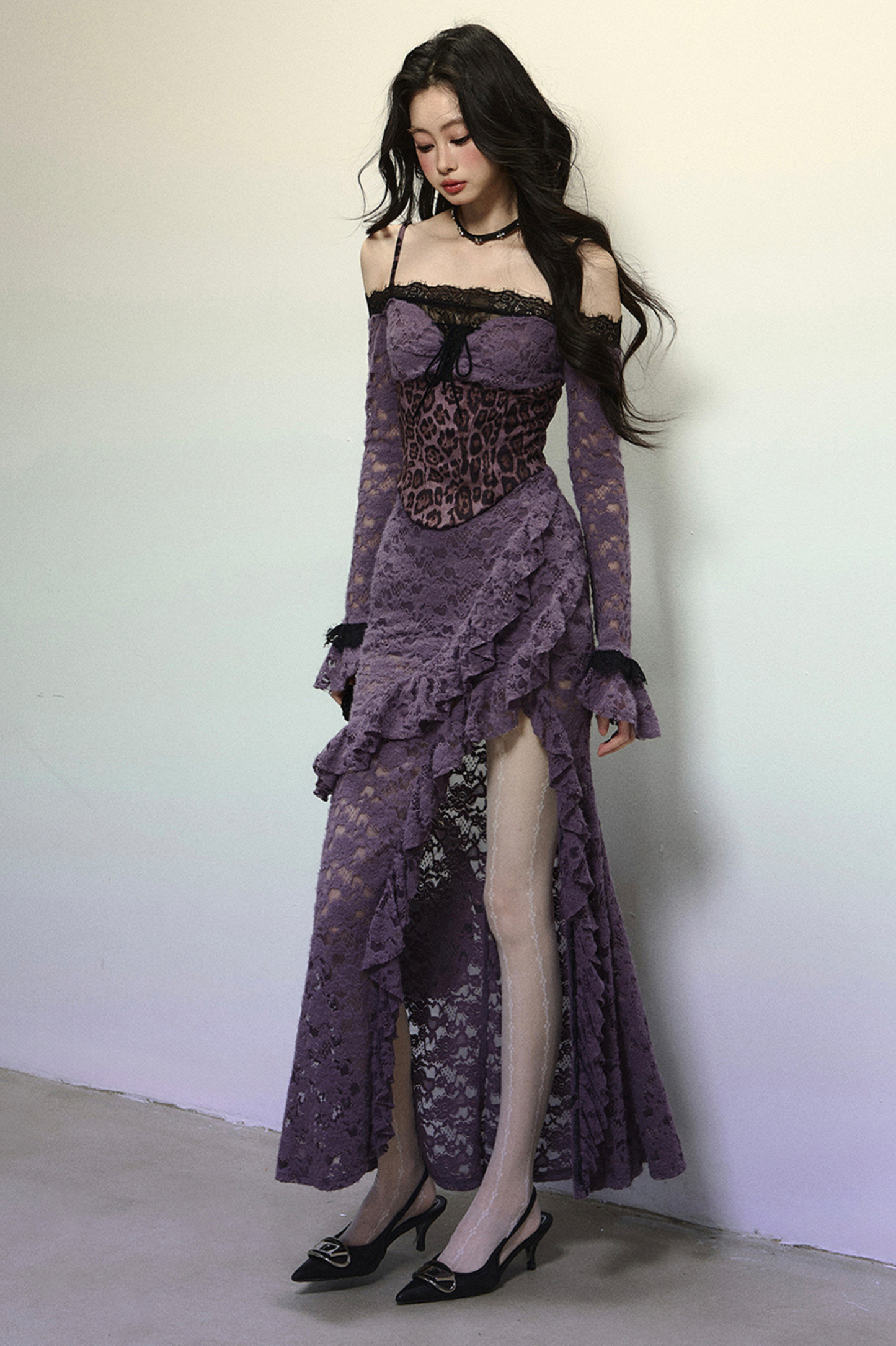 [Reservations] Oriental Purple Kite One-Shoulder High-End Lace Dress