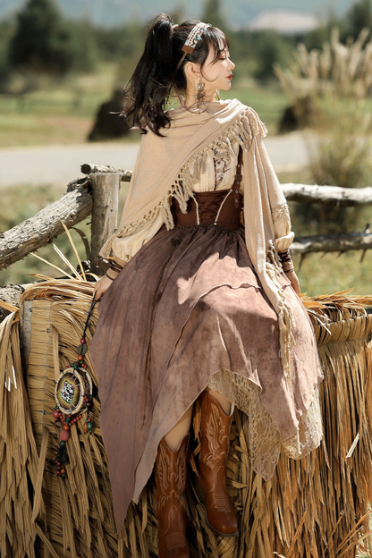 サンセット民族フードケープ+サスペンダースカート+トップス