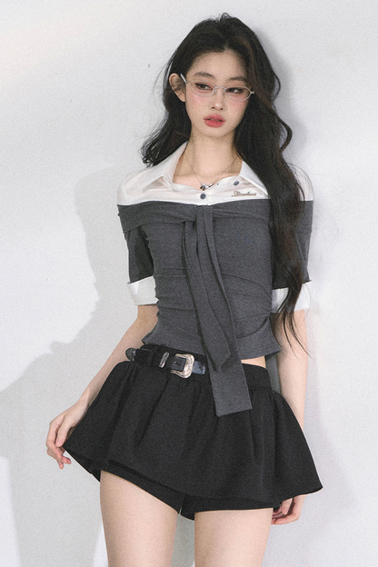 フレンチレディーウエストスリミングショートトップス