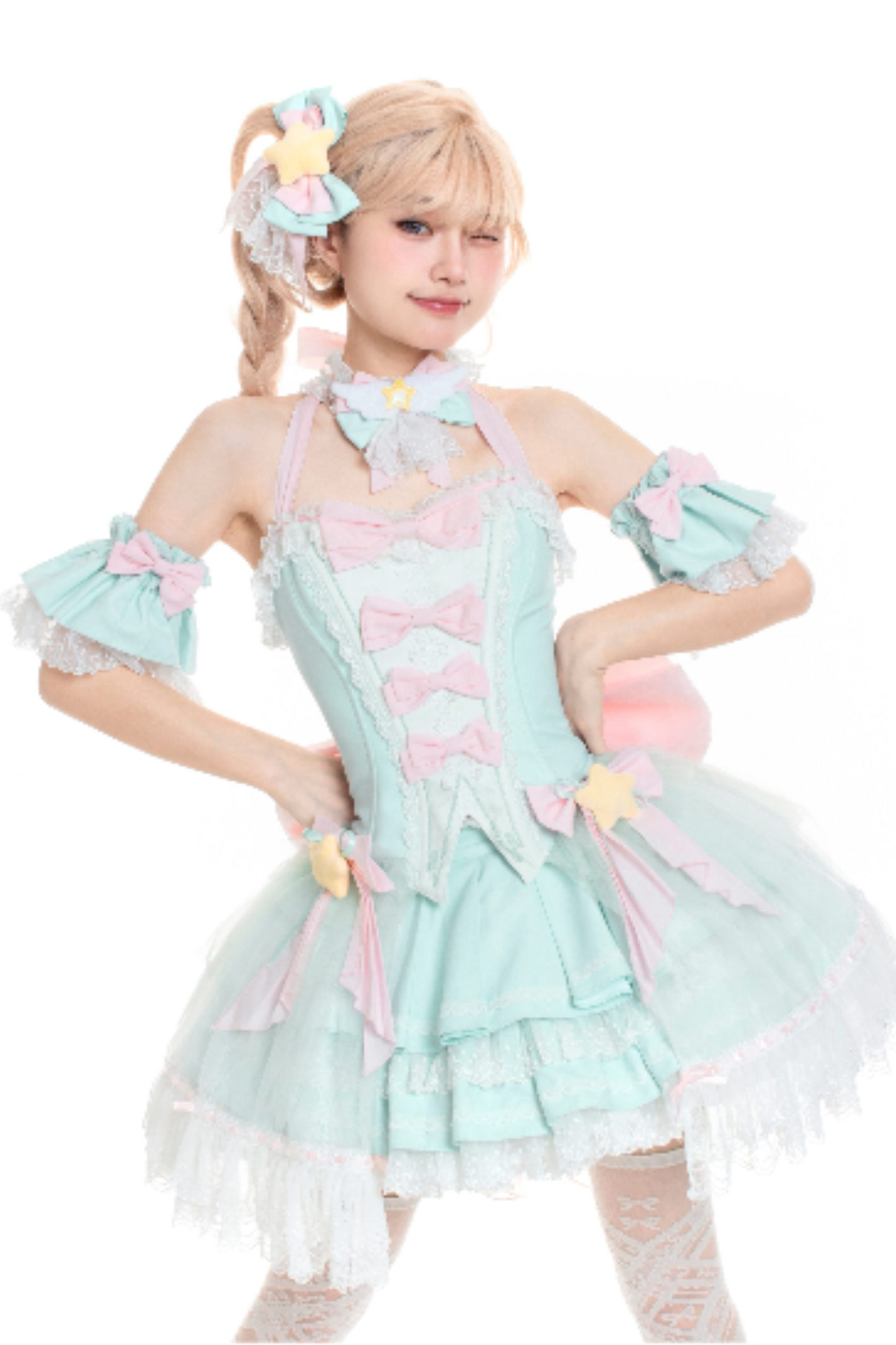 魔法妖精スパークリングウォーターロリータトップス+スカート+ヘアクリップ+テール+魔法ステッチ