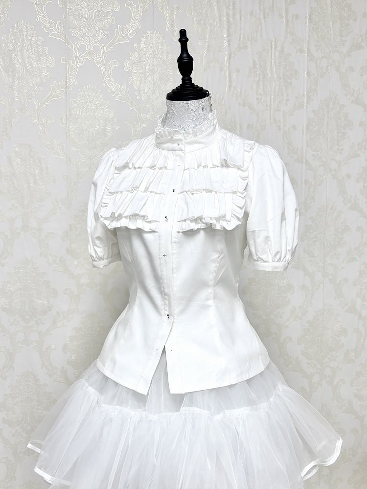 【4月18日予約締切】ダークゴシックロリータスタンドカラーパフスリーブラッフルシャツ（ロングスリーブ付き）